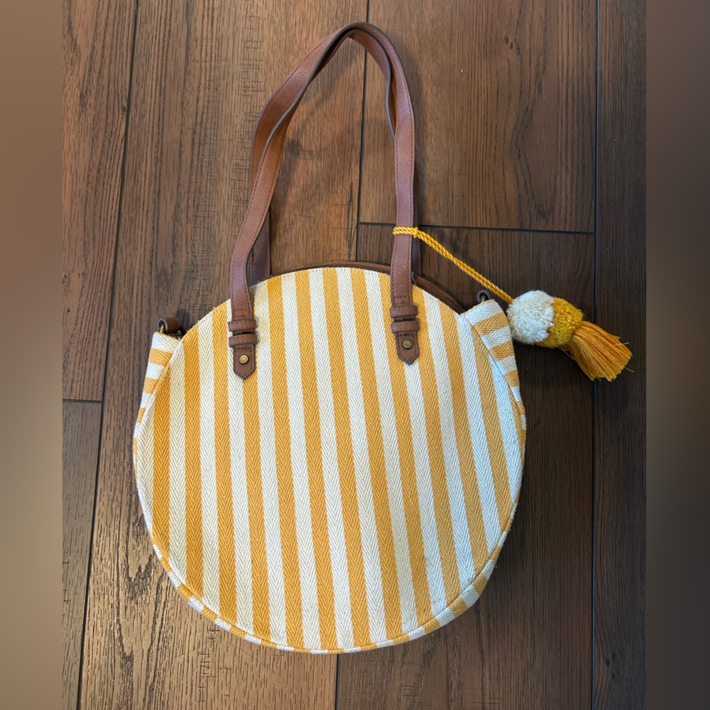 Sonoma Striped Round Canvas Tote Bag with Pom Pom Accent - Yellow and White - Picture 2 of 7